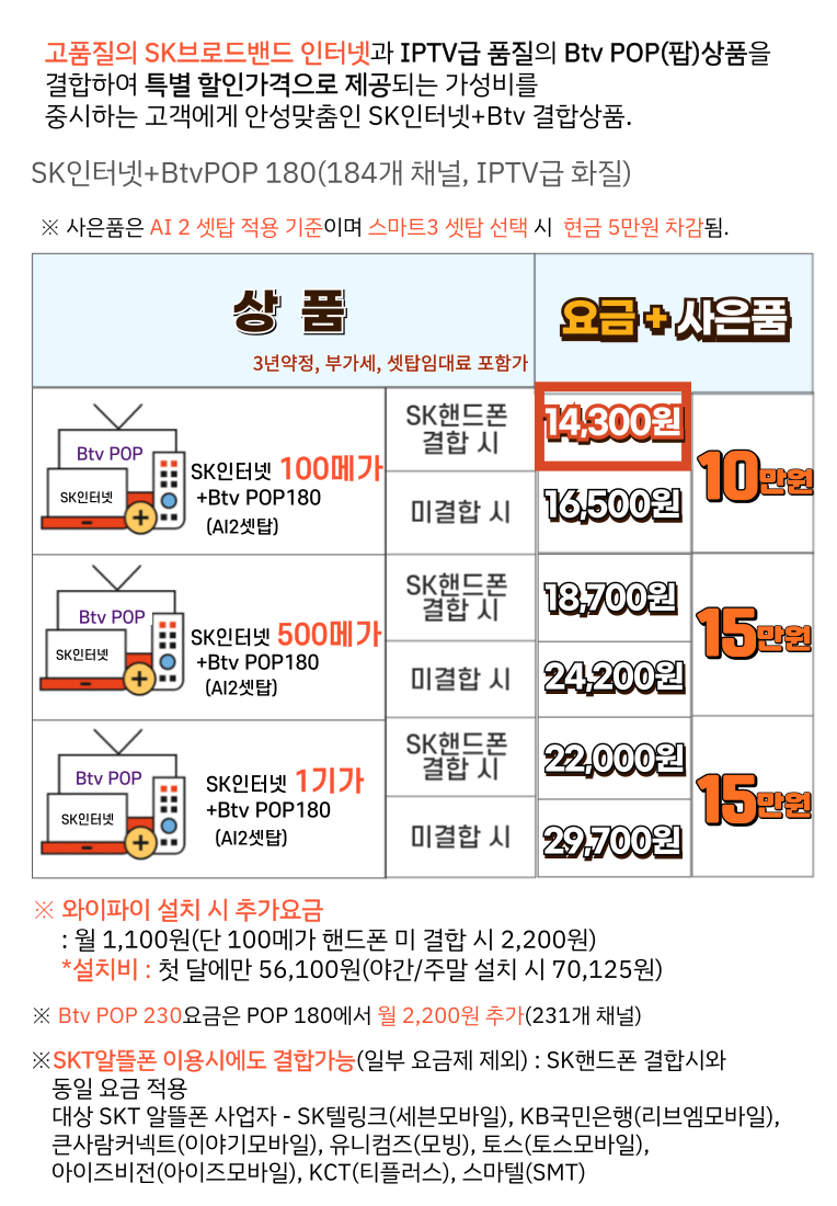 SK인터넷+ BTV케이블200 / BTV POP 요금 사은품